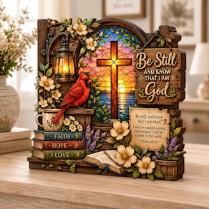 Psalm 46:10 Wooden Block Decor, Christian Faith Shelf Sitter, Cardinal Cross Tabletop Sign, Rustic Bible Verse Gift, Religious Home Decor