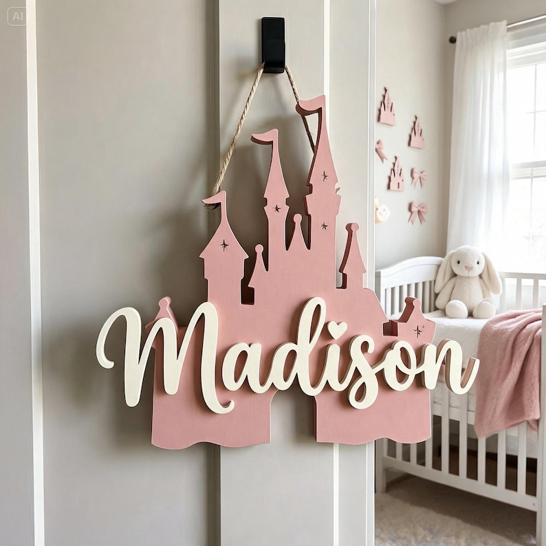 Pode incluir: Uma placa de madeira rosa em forma de castelo com o nome "Madison" em escrita branca. A placa est&aacute; pendurada em uma porta cinza. O castelo tem detalhes de estrelas e &eacute; suspenso por uma corda natural.