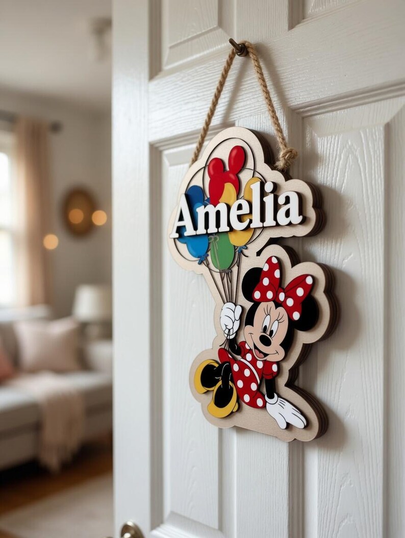 May include: Wooden door sign with Minnie Mouse holding balloons. The sign displays the name "Amelia" in white. Minnie Mouse is dressed in a red polka-dot dress and bow. The sign is suspended by a rope, suitable for a child's bedroom.