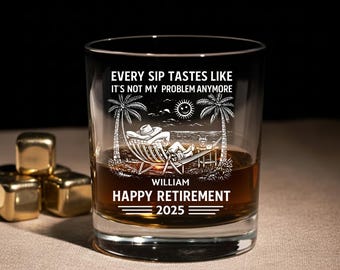 Szklanka do whisky „Szczęśliwa emerytura” 2026 – zabawny prezent emerytalny dla niego – każdy łyk smakuje, jakby to już nie był mój problem