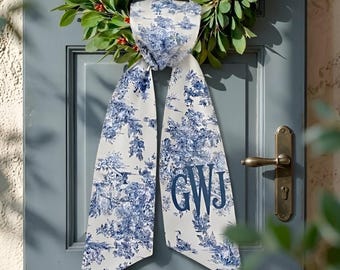 Personalized Wreath Sash Door, Custom Monogram Door Sash, Blue Toile Wreath Sash, Farmhouse Front Door Decor, Elegant Classic Wreath
