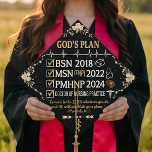 May include: Black graduation cap with gold floral accents and text that reads "GOD'S PLAN." The cap lists BSN 2018, MSN (FNP) 2022, PMHNP 2024, and DOCTOR OF NURSING PRACTICE. A quote from Proverbs 16:3 is also included.