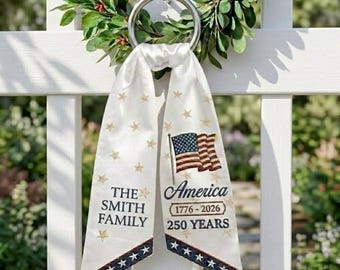 Ceinture de guirlande personnalisée 250e anniversaire de l'Amérique, 1776-2026 ruban de porte nom de famille personnalisé, décor patriotique du 4 juillet, porte à guillotine vintage