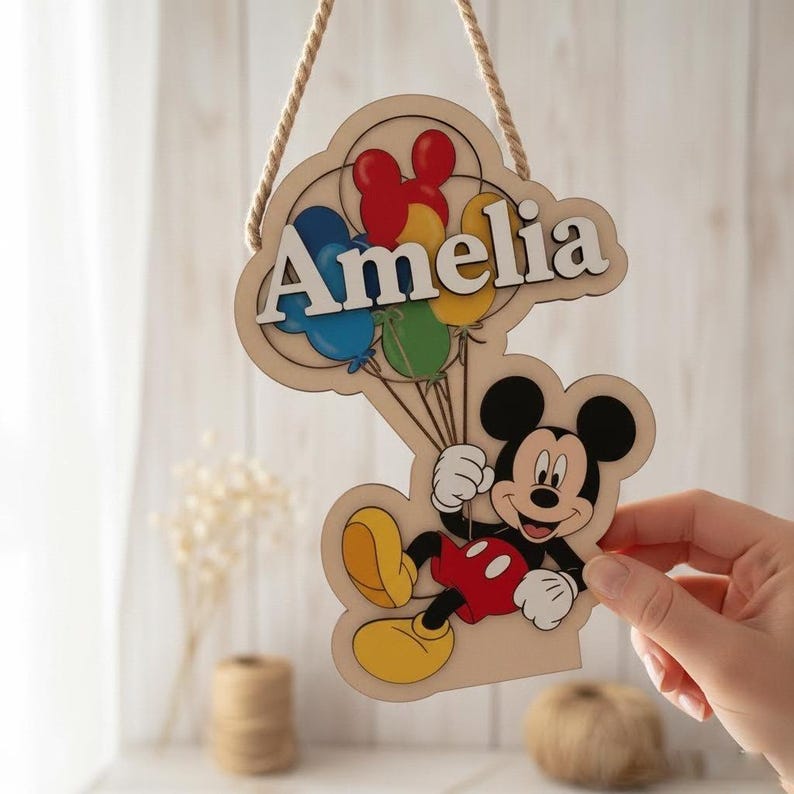 May include: Wooden sign featuring Mickey Mouse holding balloons, with the name "Amelia" in white letters. The sign has a natural wood finish and is suspended by a rope. The balloons are red, blue, yellow, and green.