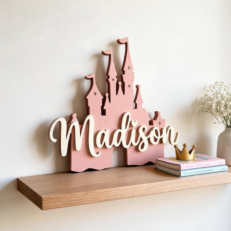 Pode incluir: Uma placa de madeira rosa em forma de castelo com o nome "Madison" em escrita branca. A placa &eacute; exibida em uma prateleira de madeira, ao lado de uma coroa de ouro e livros empilhados. O castelo tem v&aacute;rias torres e detalhes de estrelas.