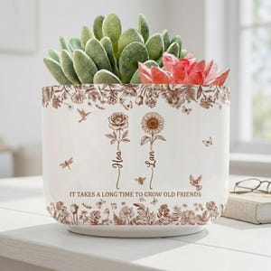 Peut inclure: Un pot de fleurs en céramique blanche avec un motif floral et botanique marron, contenant des plantes succulentes vertes et rouges. Le pot porte les noms "Hoa" et "Lan" avec une illustration de rose et de tournesol, et le texte "IT TAKES A LONG TIME TO GROW OLD FRIENDS."