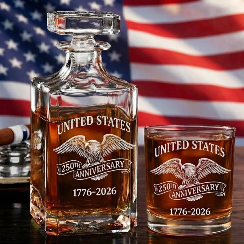 Może przedstawiać: Przezroczysty szklany zestaw karafki i szklanki, wypełniony brązowym płynem. Oba elementy są grawerowane słowami &bdquo;UNITED STATES&rdquo;, emblematem orła i &bdquo;250th ANNIVERSARY 1776-2026&rdquo;. W tle flaga amerykańska.