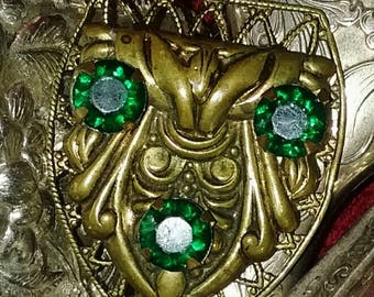 Antique Vintage Victorian Edwardian Viking Fur Clasp Ornate Heavy with Emerald Accents