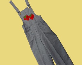 Salopette vintage con applicazioni di fragole, tuta a righe ferroviarie, stile cottagecore, taglia XS S da adulto