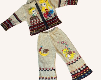 Ensemble de pulls enfants tricotés à la main vintage des années 70, 2 pièces en laine jacquard jacquard tenue appliqué 2T 3T