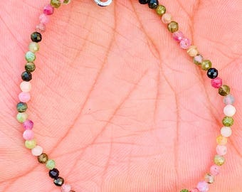 Handmade Faceted Tourmaline Sterling Silver Bracelet: Dainty Stacking, 3mm Healing Beads