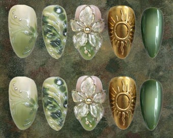Forest Muse Press On Nails | Olive Green Gold Nails | 3D Flower Gel | Earthy Boho Nail Set | Handmade Reusable Nails