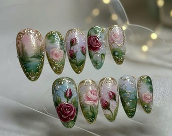 Vintage Rose Garden Press On Nails – Hand Painted Floral, Gold Detail, Romantic Cottagecore Nails
