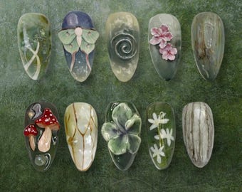 Forest Botanical Press On Nails | Nature Inspired Art Nails | 3D Gel Flowers & Mushrooms | Handmade Luxury Press On Set
