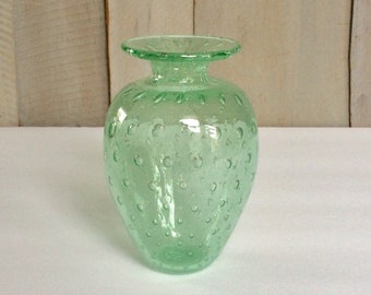 New 6" Hand Blown Glass Art Bubble Vase Bowl Green Patterned Decorative 
