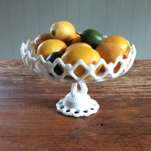 Vintage Milk Glass Westmoreland Glass Company Centerpiece Fruit Bowl/Doric Lace Pedestal Base Decorative Bowl/Cottage Decor/Retro Art Glass