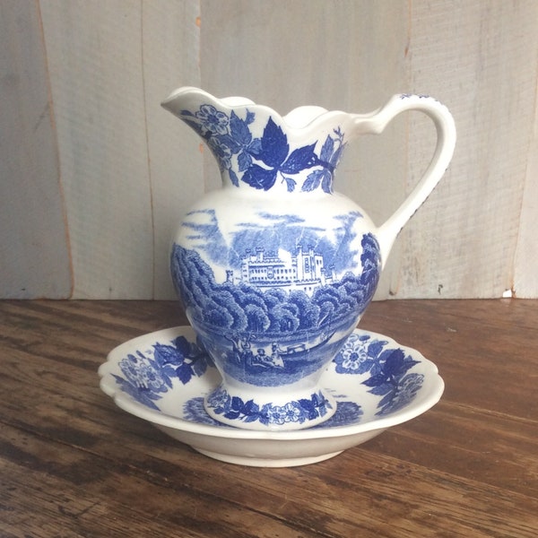 Vintage Blue Transferware Wash Pitcher and Bowl/ Scenic Chinoiserie Wash Set/English Porcelain Dresser Set/Bath Decor/Castle Scene/ Retro