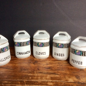 Vintage Set of Art Deco Spice Jars /Porcelain Kitchen Ware /Czech Spice Containers/Czechoslovakian Spice Set /  Retro Ginger Jar /Pepper Jar