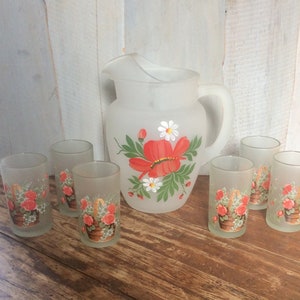 Vintage Floral Pitcher and Juice Glass Set /Gay Fad Pitcher/ Water Pitcher/Red Floral/Hand Painted Satin Glass/Mid Century Glassware/Flower