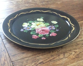 Vintage Floral Tole Tray/ Serving Tray/ Tea Tray/ Toleware/ Round Tray/ Black Tole Painted Tray/ Hand Painted/ Cottage Core Decorative Tray