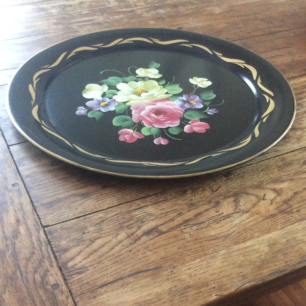 Vintage Floral Tole Tray/ Serving Tray/ Tea Tray/ Toleware/ Round Tray/ Black Tole Painted Tray/ Hand Painted/ Cottage Core Decorative Tray