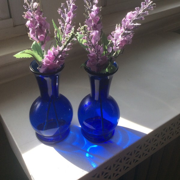 Vintage Pair of Cobalt Blue Glass Vase Set of 3 Blue Mini Bud Vase/Window Sill Glass/Spring Tableware/ Wedding Table / USA Molded Glass