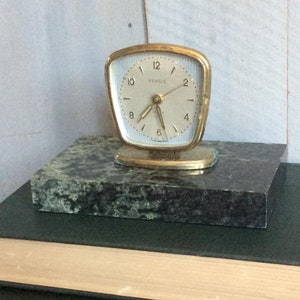 Vintage Clock Paperweight Desk Accessory /Rensie Brass Windup Clock/Green Marble Base/Cottage Decor/ Retro Home Office/ Bookend/Shelf Sitter