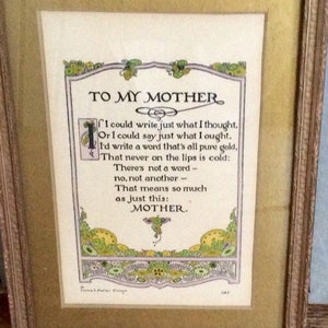 Vintage Framed Calligraphy/ Poem About Mother /Antique Art Nouveau Framed Poem/ Mothers Day Gift / Edwardian Framed Art / Linma Koehler