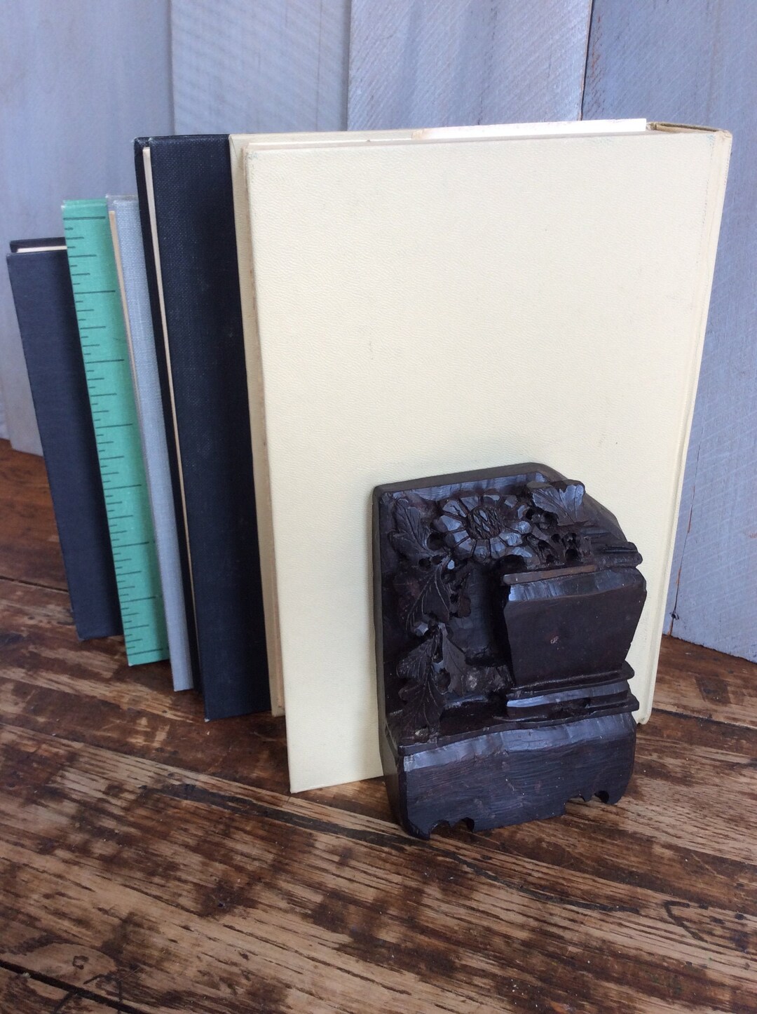 Vintage Chinese Soapstone Bookend/ Dark Brown Carved Soapstone Floral