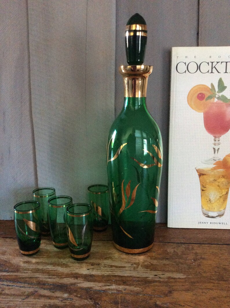 Vintage Green Glass Decanter Set / Czech Bohemian Glass Shot Etsy