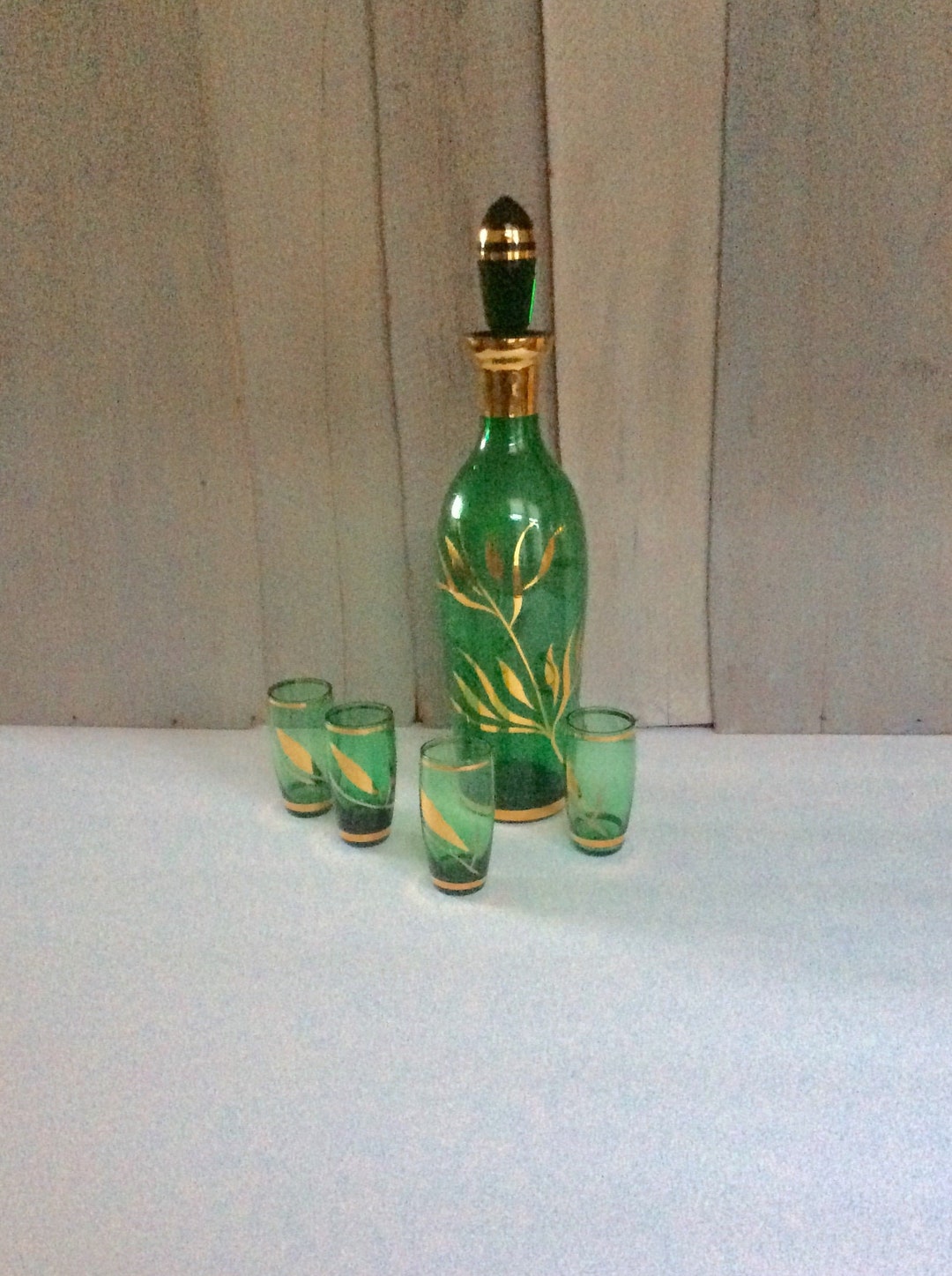 Vintage Green Glass Decanter Set/ Czech Bohemian Borske Sklo Glass Set
