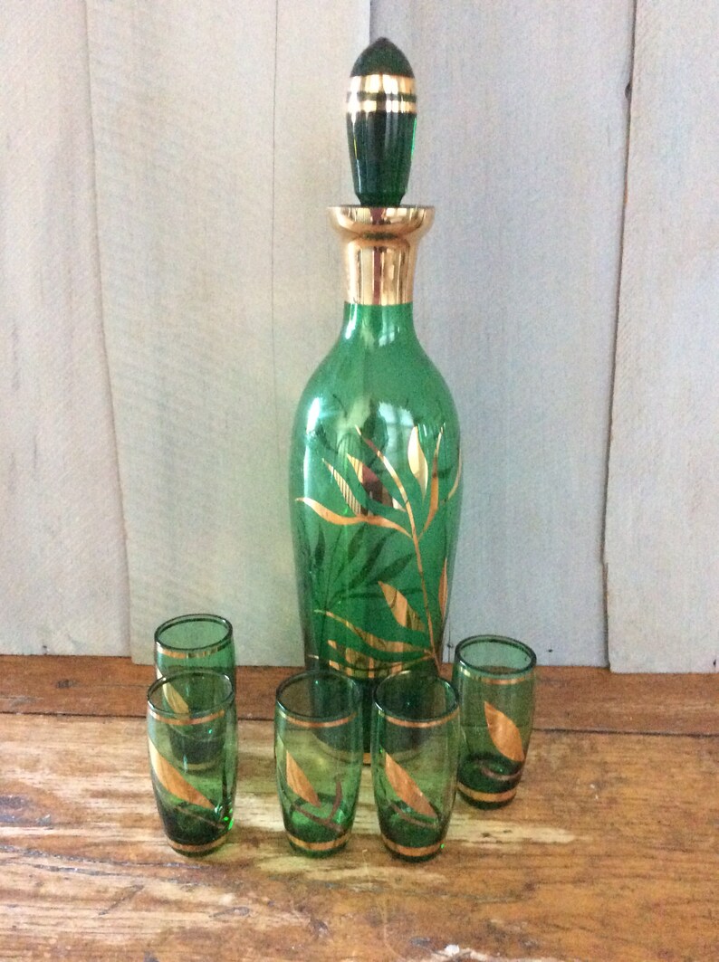 Vintage Green Glass Decanter Set / Czech Bohemian Glass Shot Etsy
