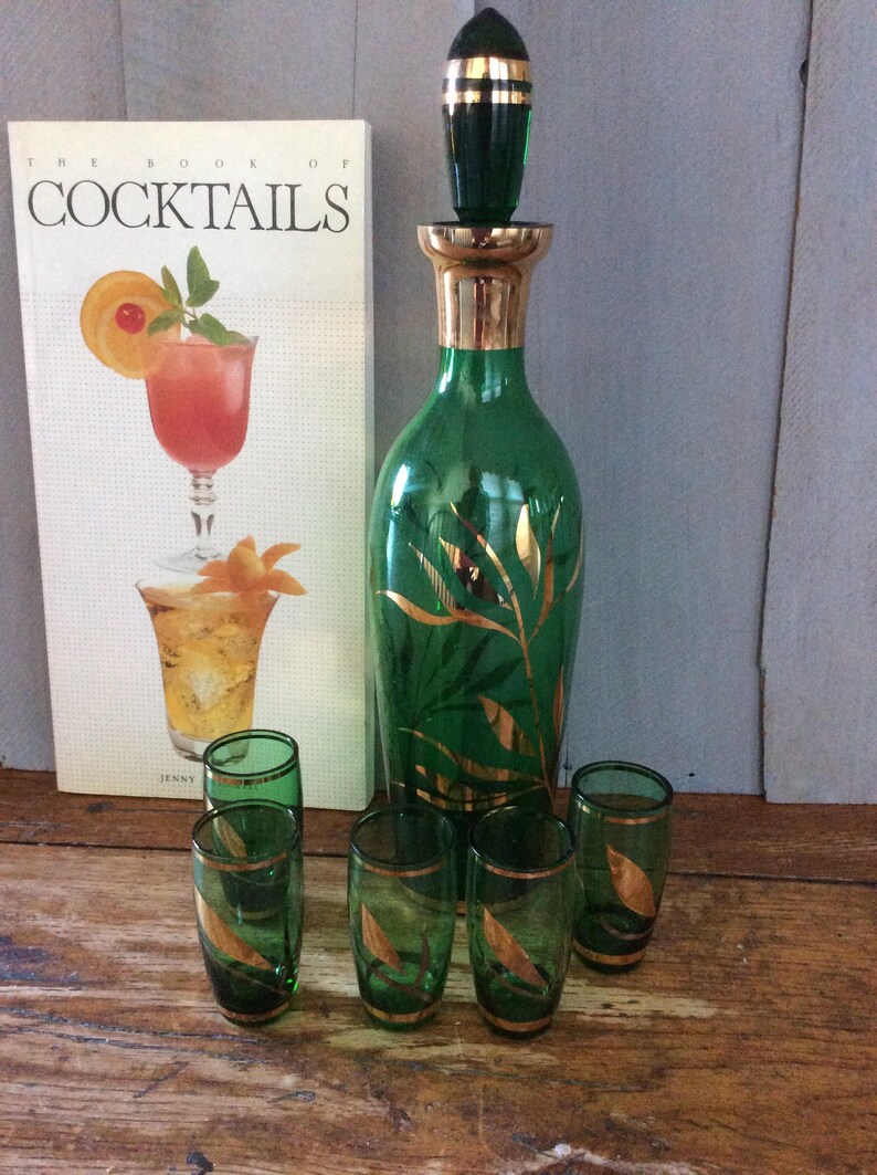 Vintage Green Glass Decanter Set / Czech Bohemian Glass Shot Etsy