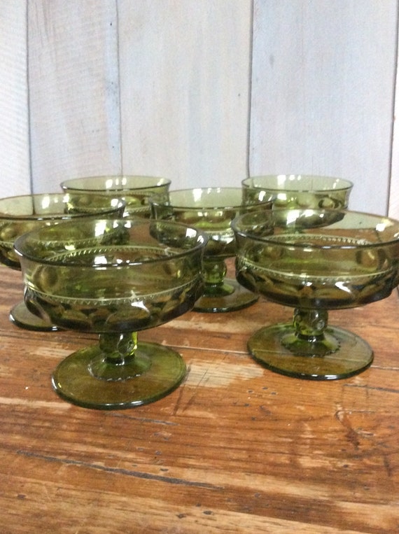 Vintage Indiana Glass Company Olive Crown Sherbert Glasses - Vintage Green Glass Plates With Cup Holder Vintage Indiana Glass Company Olive Crown Sherbert Glasses - Vintage Green Glass Plates With Cup Holder
