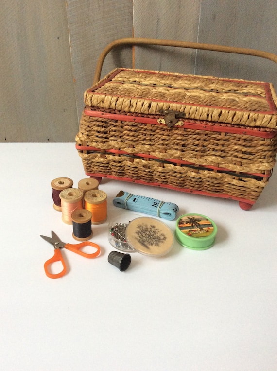 Red and Brown Mid Century Woven Wicker with Plastic Details Red Lined Sewing Basket with Vintage Sewing Supplies