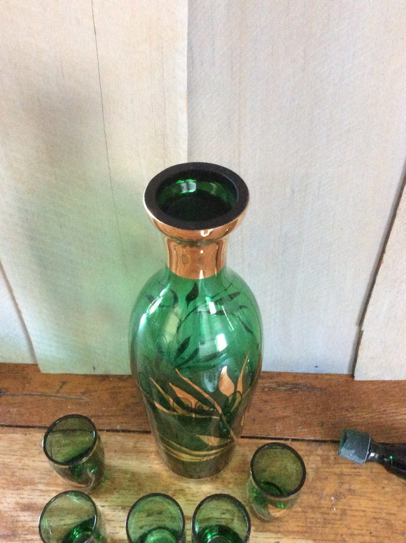 Vintage Green Glass Decanter Set / Czech Bohemian Glass Shot Etsy