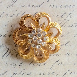 Vintage Rhinestone Floral Brooch/Retro Costume Pin/Gift for Valentines/Holiday Jewelry/Flower Pin with Rhinestone Center/Textured Gold Tone
