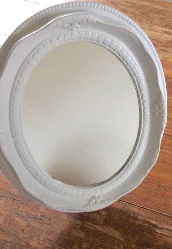 Vintage Upcycled Vanity Mirror With Stand Syroco Style White Plastic Framed Retro Oval
