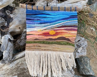 Handwoven desert mountain landscape wall hanging tapestry with fringe fiber art
