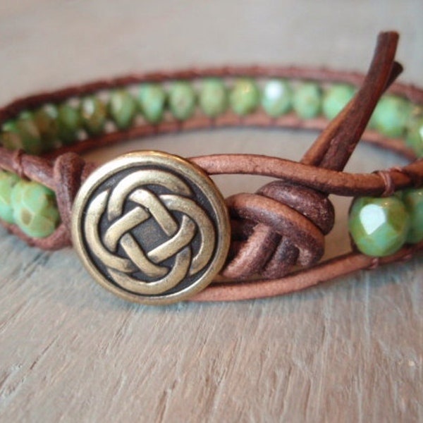 Beaded leather wrap bracelet - Celtic Pride- brown leather & czech glass single wrap bracelet green turquoise, Scottish, celtic knot jewelry