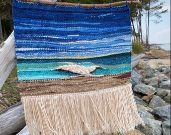 Handwoven beach landscape wall hanging tapestry with fringe fiber art