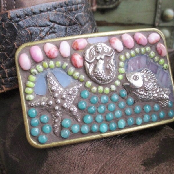 slashKnots mermaid belt buckle - Buckle Up 'Underwater Adventure' - multi color blue green pink star fish beach boho nautical ocean inspired