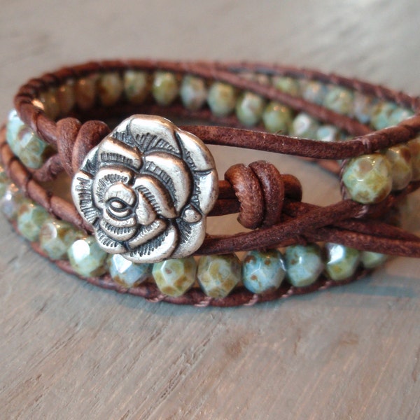 Beaded leather wrap bracelet "Earthy Rose" distressed brown leather, sparkily rustic weathered green turquoise, shabby boho glam