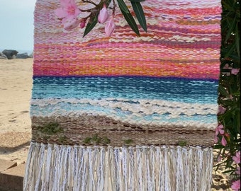 Handwoven sunset beach landscape wall hanging tapestry with fringe