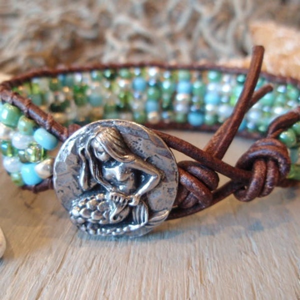 Mermaid beaded leather bracelet "Mosaic Mermaid", turquoise, green, silver, bohemian cuff bracelet, beach boho surfer chic