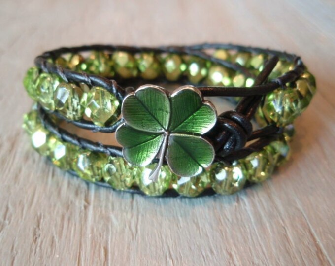 Green Leather Wrap Bracelet sparklin' Shamrock Etsy
