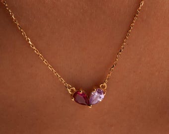 Double Birthstone Necklace: Sterling Silver Pear Gem, Couple or Mother Daughter Gift