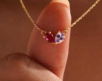 Birthstone Necklace: Two Pear Drop Gem Pendant, Custom Couple or Mother Daughter Gift, Double Teardrop Birthstone Necklace