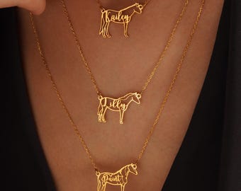 Custom Gold Horse Necklace with Name: Elegant Horse Memorial Jewelry for Equestrians