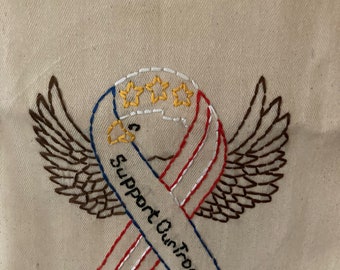 Hand Embroidered Tea Towel - Support Our Troops